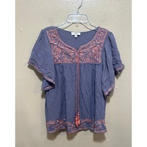 Umgee Embroidered Tunic Top Women's Small Blouse Floral Coral Blue Boho Bohemian